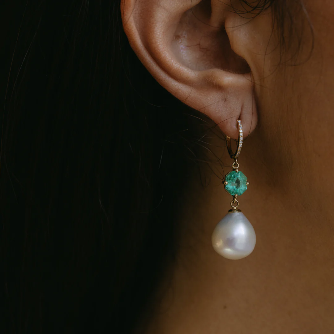 Emerald Pearl Diamond Drop Earrings - Image 3