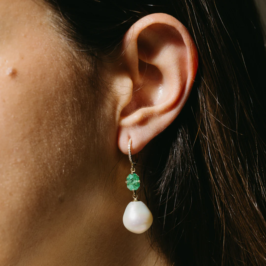 Emerald Pearl Diamond Drop Earrings - Image 4
