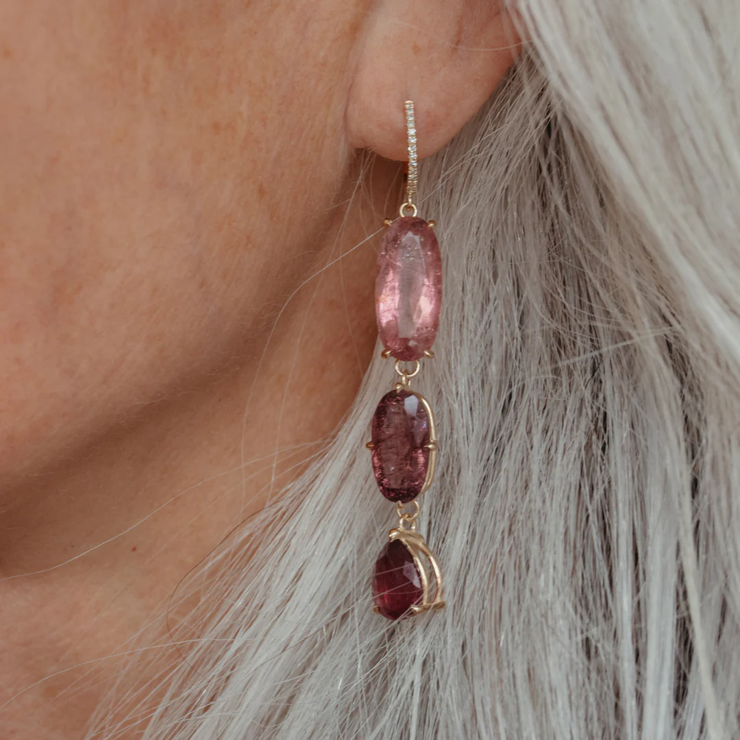 PINK TOURMALINE THREE STONE DROP EARRINGS - Image 3