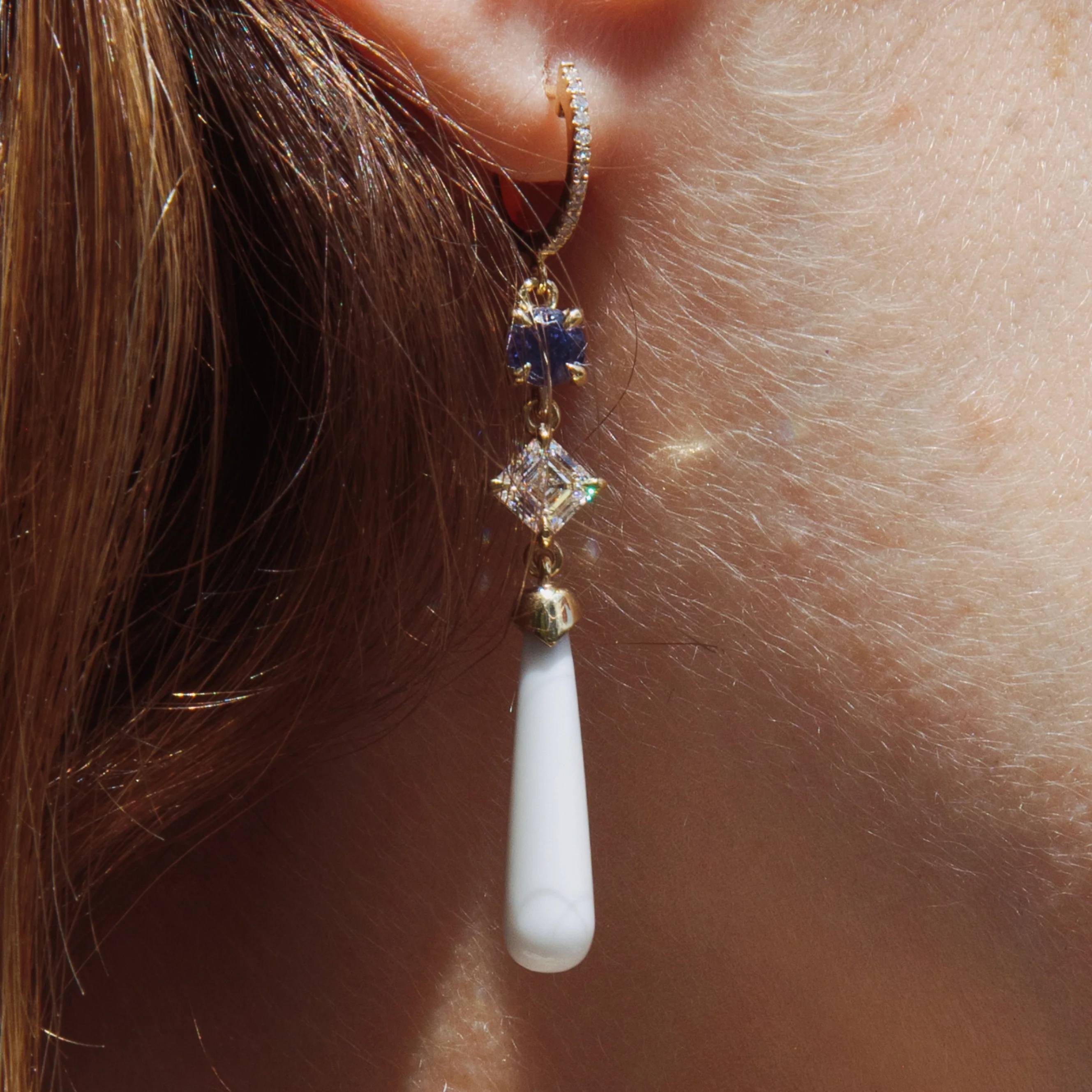 Sapphire, Diamond & Coral Drop Earrings - Image 3